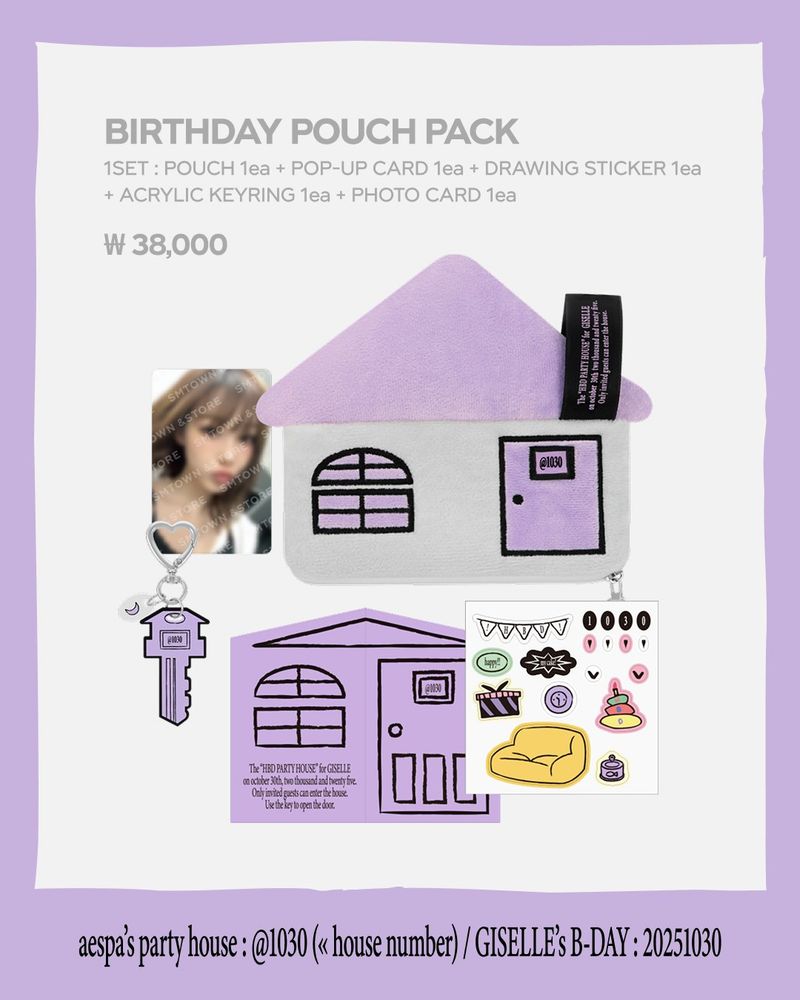 An image of aespa GISELLE’s purple birthday pouch pack with a photocard of her doing a duck face with short hair