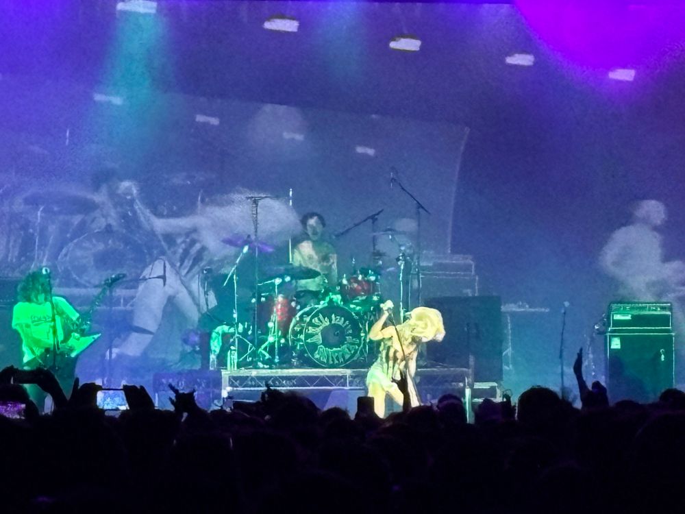 Photo of the guitarist, drummer and singer from Amyl and the Sniffers on stage performing.