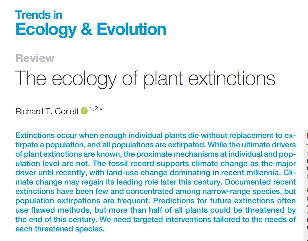 Image of the first page and abstract of the paper "The ecology of plant extinctions
Author links open overlay panel
Richard T. Corlett 1 2

Show more

Add to Mendeley

Share

Cite
https://doi.org/10.1016/j.tree.2024.11.007
Get rights and content
Highlights
The fossil record suggests that climate change was the major driver of plant extinctions and regional extirpations from the Pliocene until recently, when anthropogenic habitat loss became dominant.
Known recent plant extinctions are disproportionately few in comparison with well-studied animal taxa, but many more species are probably committed to inevitable extinction unless given targeted support.
Recent warm-edge extirpations demonstrate the growing impact of anthropogenic climate change and show that predictions of massive climate-driven extinctions later this century are plausible.
The proximate causes for population extirpations are still rarely known but are likely to be highly varied and both species and location specific."