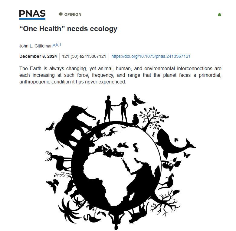 Photo of the front page of the paper - showing animals and plants and people encircled across the globe - There needs to be more emphasis on the ecological component of One Health as we consider the problems of biodiversity loss, climate extremes, habitat fragmentation, and emerging disease. Image credit: Shutterstock/BeataGFX.