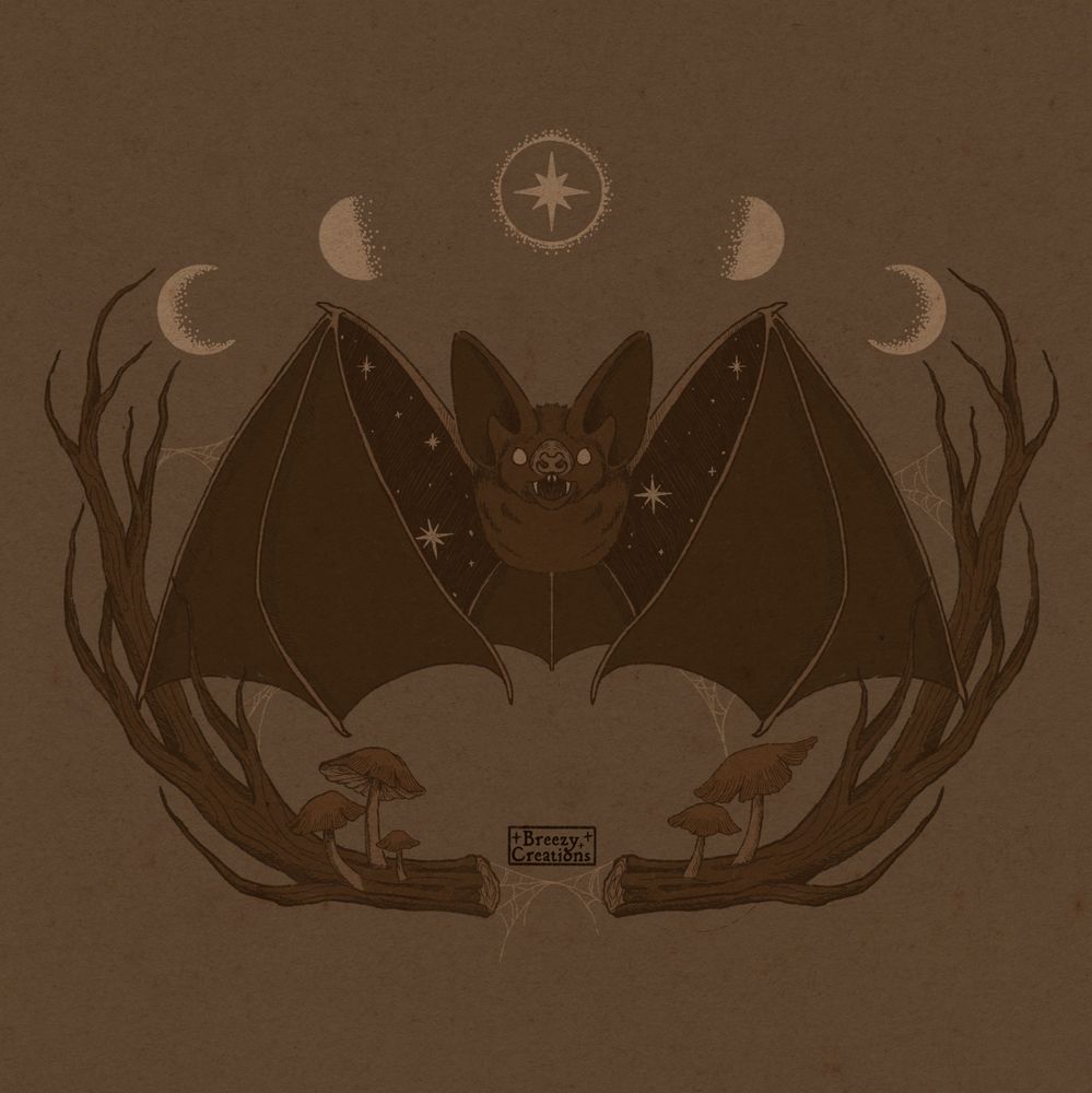 Illustration of a vampire bat surrounded by tree branches spider webs and mushrooms