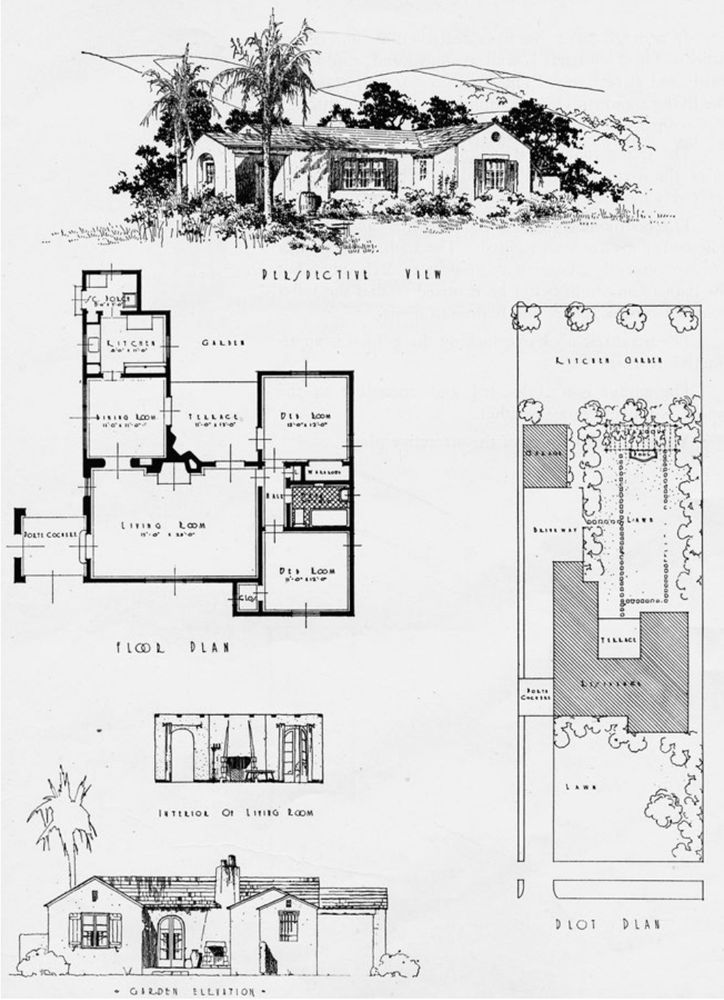 Black and white architectural drawing including plans of site and interior of a Spanish-Colonial revival style house.