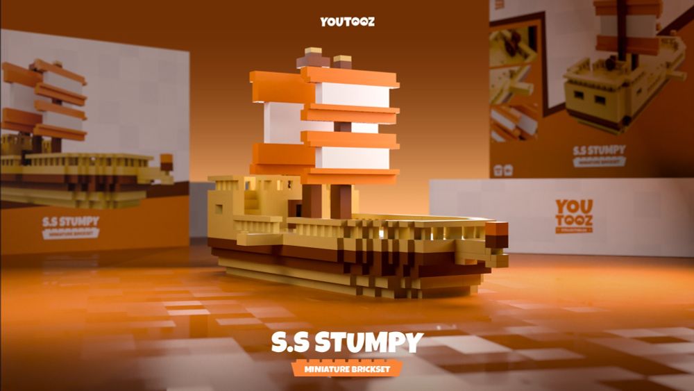 A YouTooz brickset of the S.S. Stumpy, a ship with orange and white striped masts.
