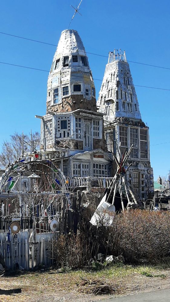 A small castle made of beer cans and metal scraps in the San Luis Valley in Colorado.