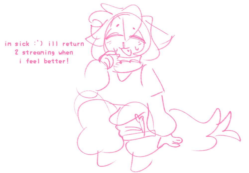 my vtuber sitting with a drippy nose, scratching his jaw. text saying "im sick (crying emoticon) ill return to streaming when i feel better!"