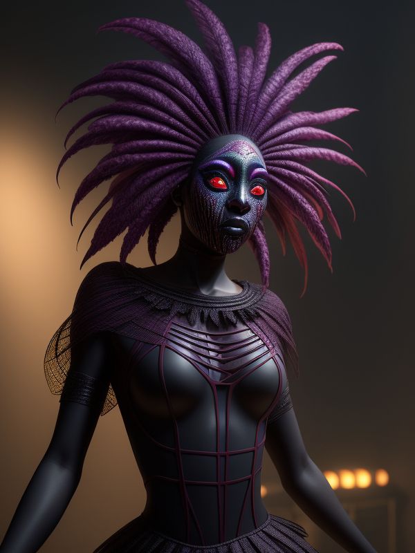 Dancer with feathered headdress and red gemlike eyes. #aiart