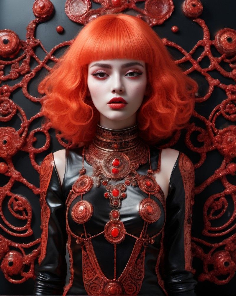 Girl with red hair against a swirling red backdrop. #aiart