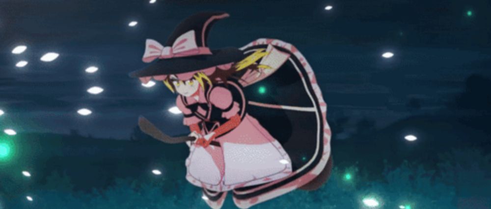 a witch in a pink dress and hat is flying on a broom