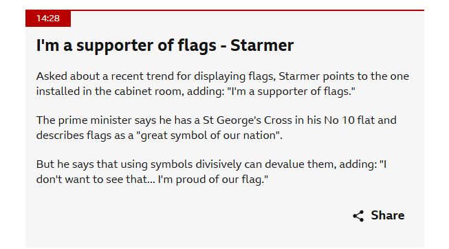 BBC website clipping where Keir Starmer states he is a supporter of flags. 