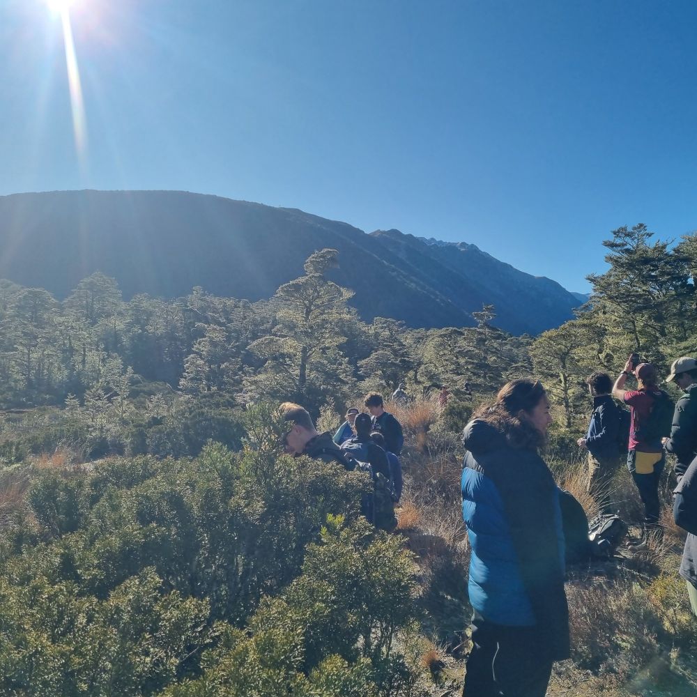 Class enjoying the sunshine at Lewis Pass