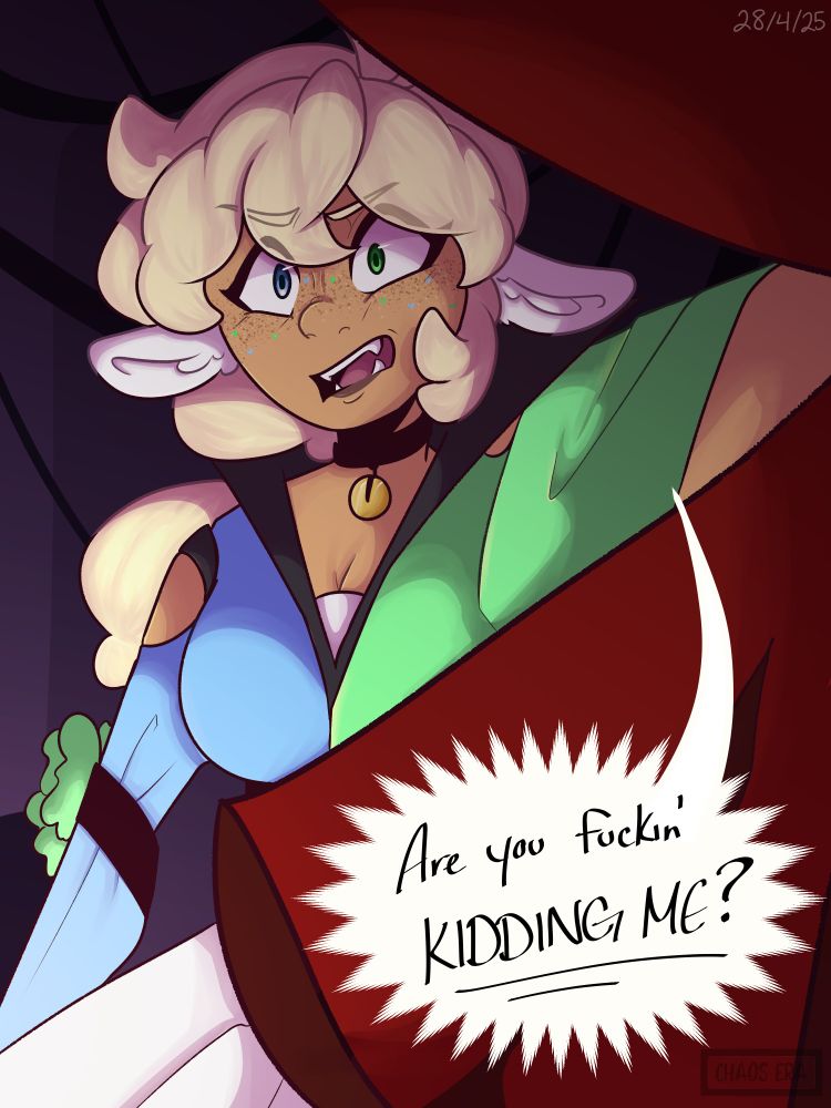 A young blonde woman with tan skin, freckles, and sheep ears named Sasha wearing a dual-colored performance dress ripping back a red curtain. 

She is clearly angry and is yelling out, "Are you fuckin' KIDDING ME?"