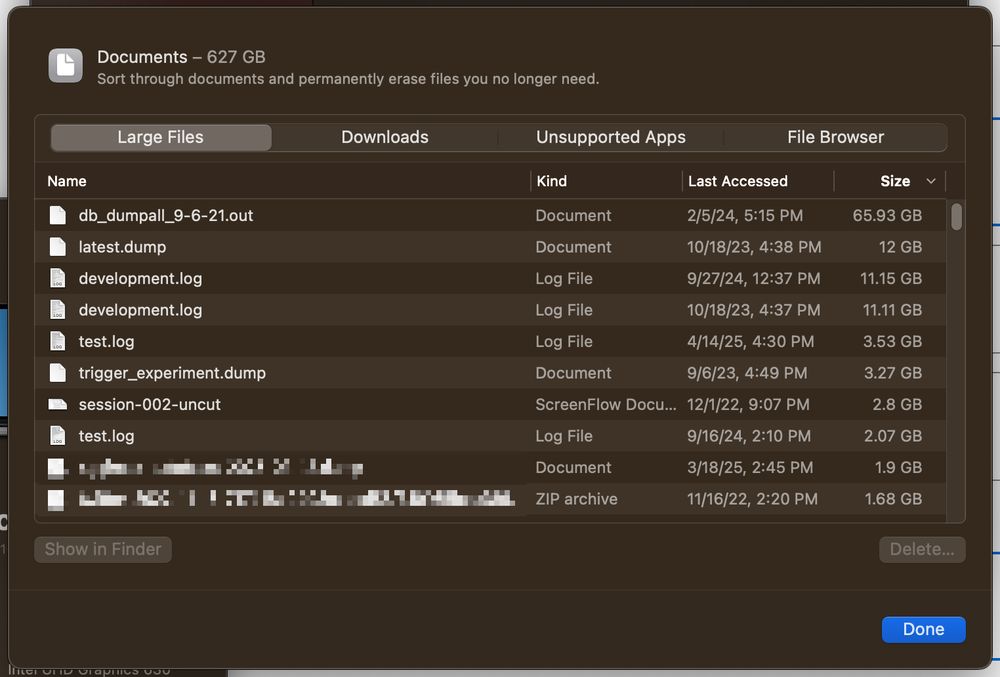 macOS storage management window showing the Documents folder using 627 GB, with a "Large Files" tab displaying a list of database dumps, log files, and archives sorted by size, ranging from 65.93 GB to 1.68 GB.