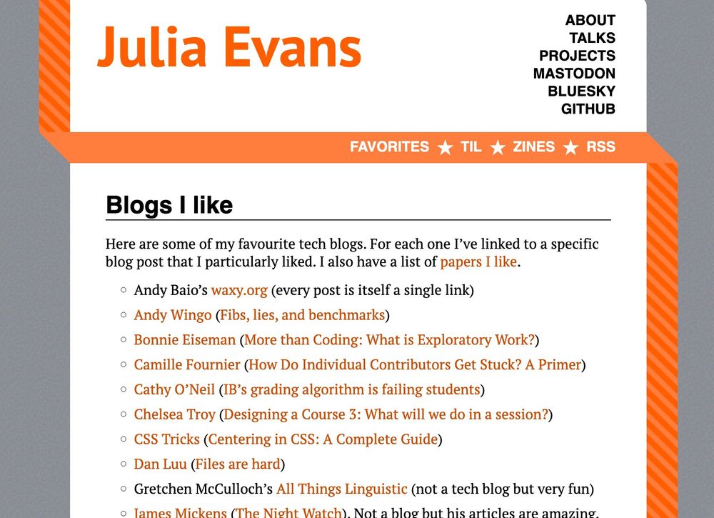 Julia Evans' personal website showing her "Blogs I like" section. Features her name in orange, navigation links to About/Talks/Projects/etc., and a bulleted list of favorite tech blogs including Andy Baio, Andy Wingo, Bonnie Eiseman and others, each with a specific post recommendation.