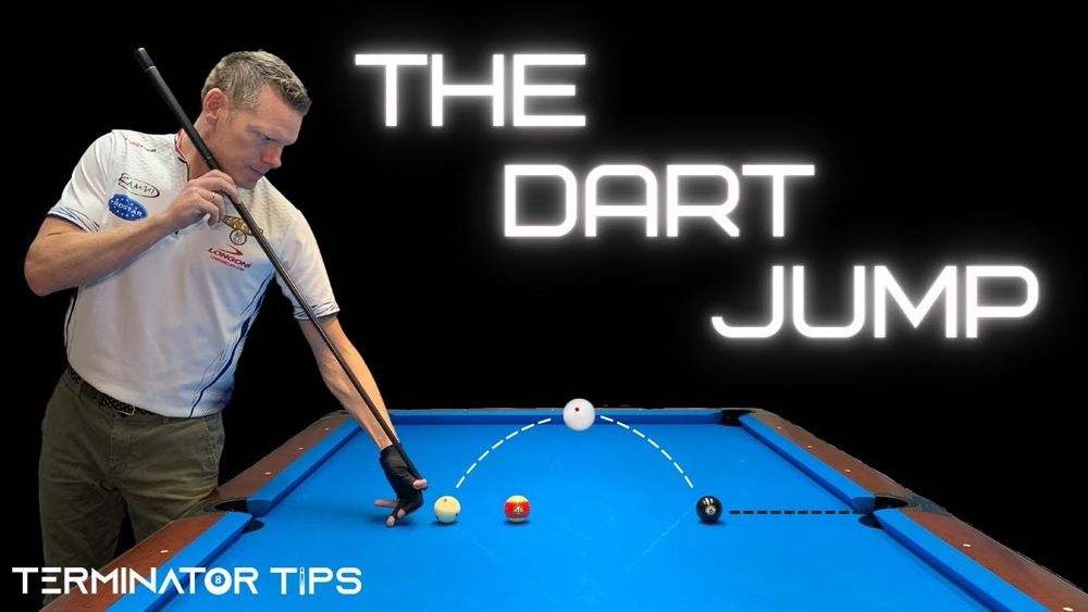 The Terminator (of pool) lining up a dart jump shot with a short jump cue at a pool table in order to get the cue ball over a blocking stripe in order to hit the 8-ball.
