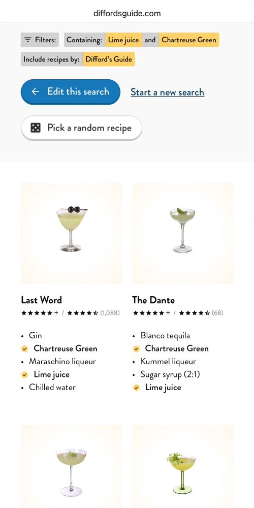 Difford’s Guide cocktail finder search screen with filters applied for Green Chartreuse and Lime Juice. It shows many cocktails including Last Word and The Dante.