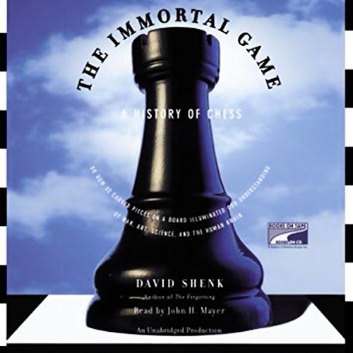 The cover of The Immortal Game: A History of Chess by David Shenk which shows a giant black rook on a white square of a chess board.