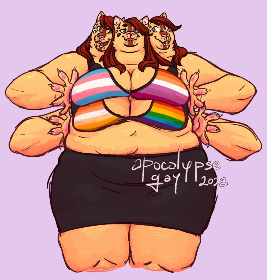 Three headed, four armed spider cat doing jazz hands with a bra adorned with different pride flags and a skirt. Drawn by ApocalypseGay