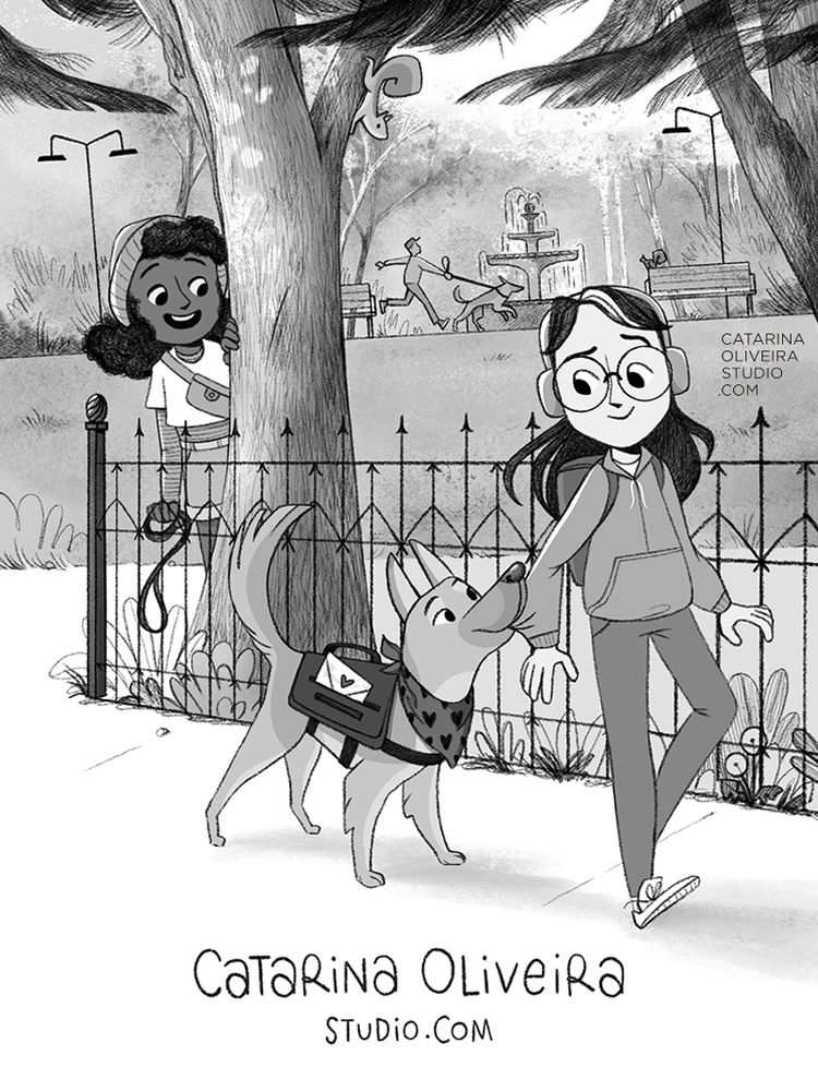 A greyscale scene set in a public park. A smiling kid hides behind a tree while holding a leash, and another kid with an inquisitive look is stopped by a dog that pulls on their jacket sleeve. The dog has a backpack with an envelope peeking out and a bandana with a heart pattern.