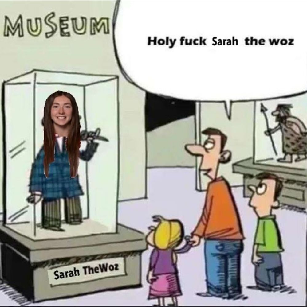 The "Holy fuck, Scott the Woz" meme, but with Sarah Wozneiwicz's head edited over Scott's head, and Sarah's name replacing Scott's
