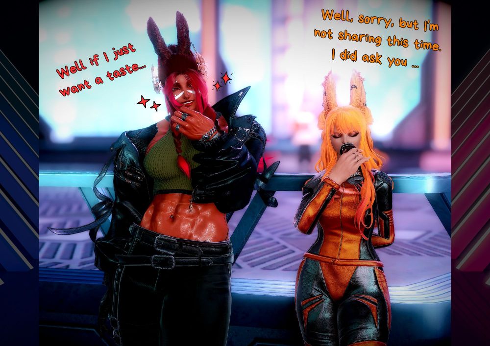 Ayashi then takes a sip from the drink, leaning against the railing as Nicholas is smirking, pondering an idea. A: Well, sorry, but I'm not sharing this time. I did ask you... N: Well if I just want a taste...