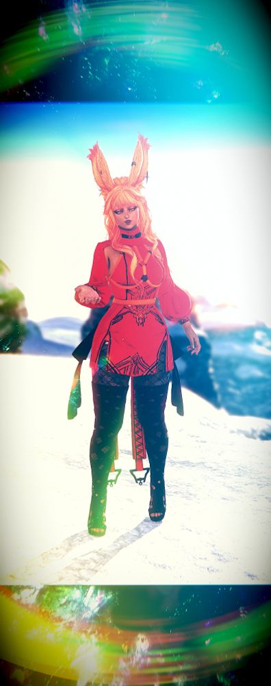 A picture of Ayashi, framed on top and below with some aberration effects, standing among a white desert, the sun in her back, holding a hand out, looking at the camera, wearing a red dress with overknee boots and an orange harness, her hair tied in the back, but cascading down her shoulders