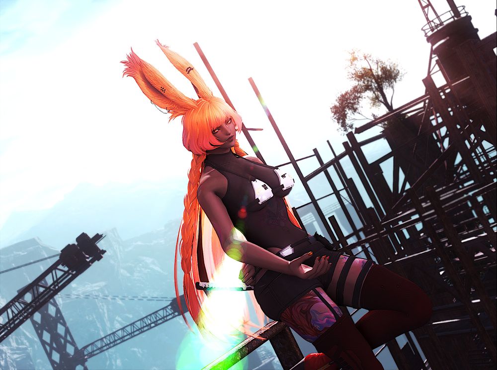 A viera in a futuristic outfit with a katana strapped to her back is holding out her hand to the person who walked up to her, in the background are mountains and cranes and other industrial desolate structure. The sun is throwing a flare across her chest and her hair is a short bob in the front with long hair with some braids in the back