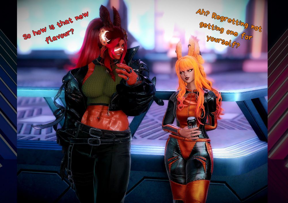 Ayashi and Nicholas are standing in their biker outfits in S9, she is holding the can of a drink. N: So how is that new flavour? A: Ah? Regretting not getting one for yourself?