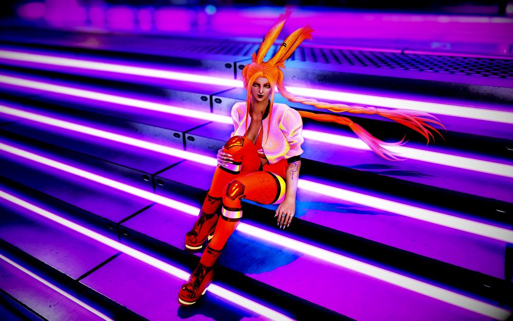 Ayashi in her futuristic outfit sitting on stairs in S9, ears and hair flowing lightly to the right as she looks at the onlooker, hand on one knee