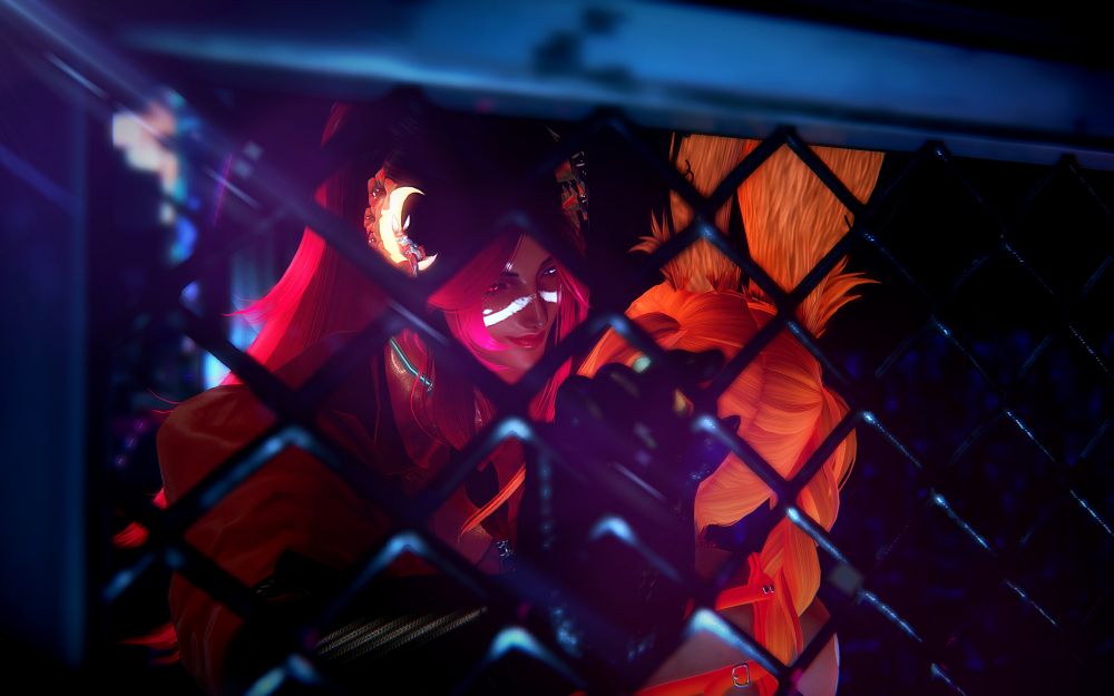 close up from the other side of the fence as Nicholas is kabedoning Ayashi, we only see the back if her had, his hand in the fence, and his knowing expression