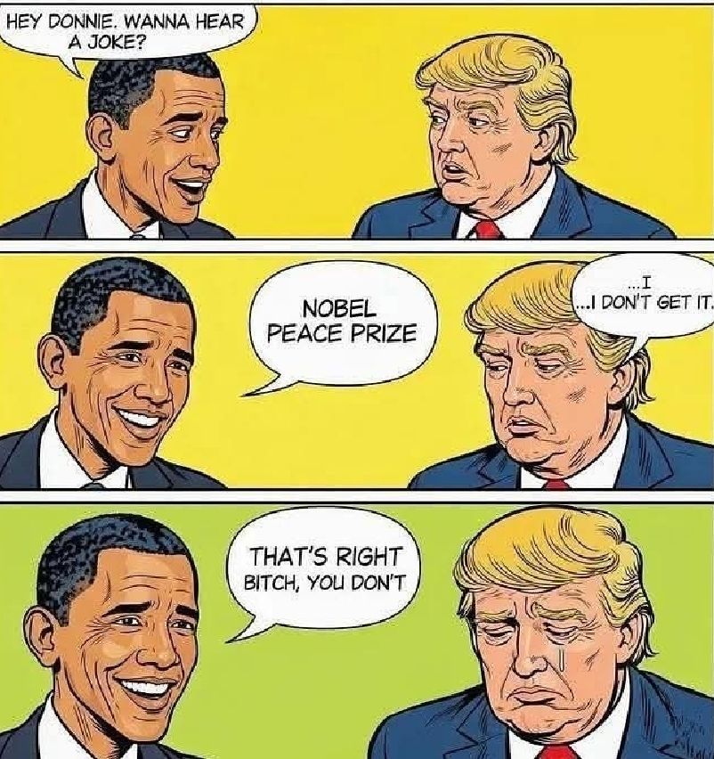 A cartoon depicting a conversation between Barack Obama and Donald Trump. The dialog goes like this:
Obama: Hey, Donnie, wanna hear a joke?
Obama: Nobel Peace Prize.
Trump: I don't get it.
Obama: That's right bitch, you don't.