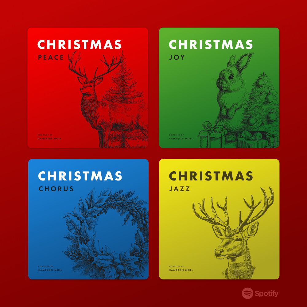 Christmas album covers in various colors with vintage line art 