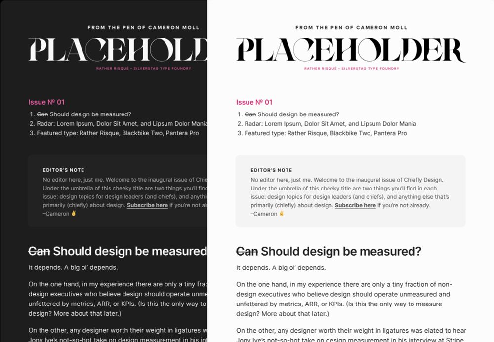 Newsletter screenshots in dark mode and light mode