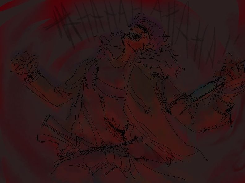 Fanart of Hein from the game Chrono Ark. He's standing with his head tilted back while maniacally laughing. He's visibly injured and holds a sword in one hand. The other is clenched in a talon-like position, palm facing up. Hes surrounded by a swirl of blood, a reference to the in-game ability "Blood Storm".