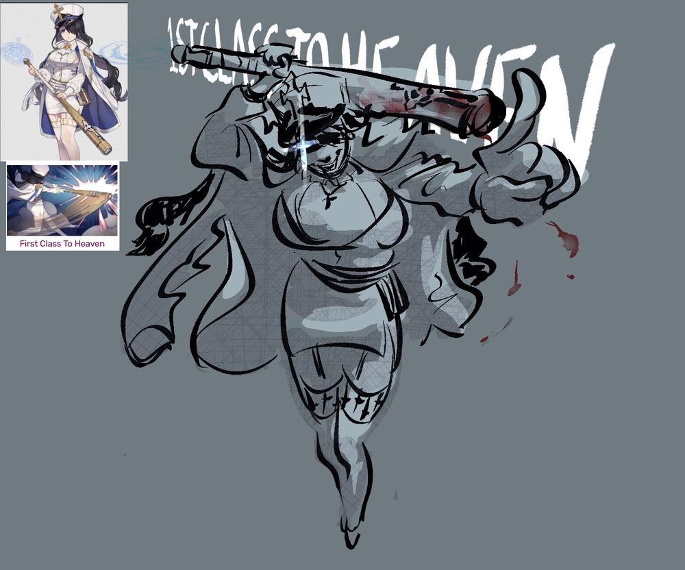 Fanart of Pressel from Chrono Ark. Shes standing with her finger pointed at the viewer while grinning menacingly. She holds her bat- I mean, holy staff- in her other hand, resting it on her shoulders. One end of it is splattered with fresh blood. Behind her there is text that reads "1ST CLASS TO HEAVEN". In the upper left corner there are two reference images of her official art, one of them is labelled "First Class To Heaven", which is one of her in-game abilities.