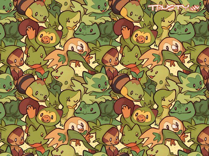 a repeating pattern of grass type starter pokemon