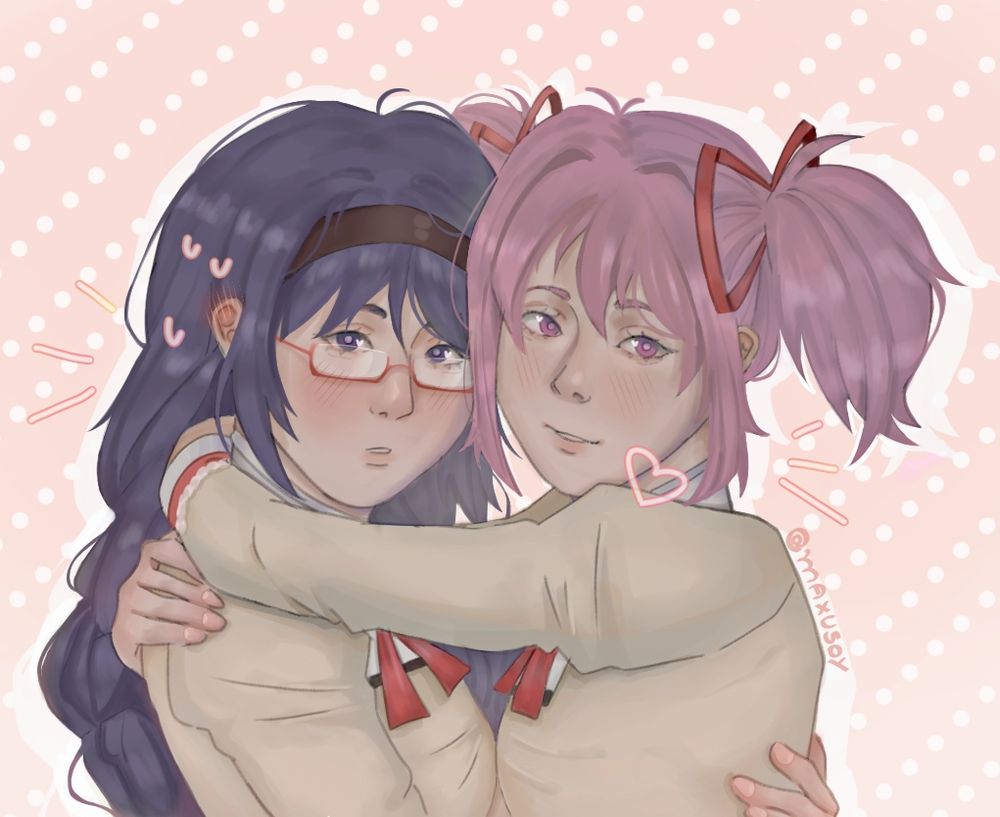 Fanart das personagens Madoka e Homura de Madoka Magica, elas estão se abraçando 