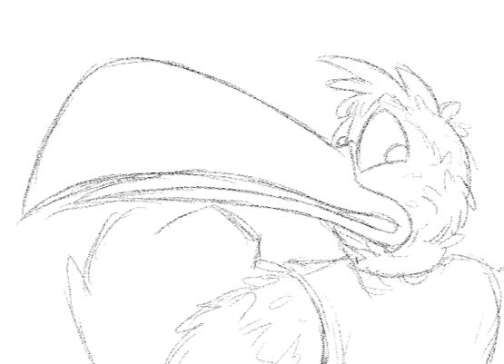A cropped picture of a man who's been gradually transforming into a bird looking behind him with a worried expression.