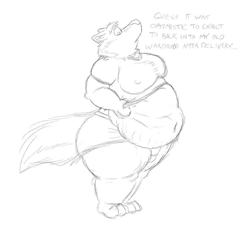 The wolf is standing in tighty whities and trying to slide on an old shirt from his pre-pregnancy days. In the process, he's having issues pulling it over his rounder belly. 

He's back to a more reasonable size, but his breasts are still engorged, his belly is bloated and covered in stretchmarks, and his hips are stretched out to cartoonishly fertile proportions.

He looks down in surprised disappointment and says:
"Guess it was optimistic to expect to back into my old wardrobe after delivery..."