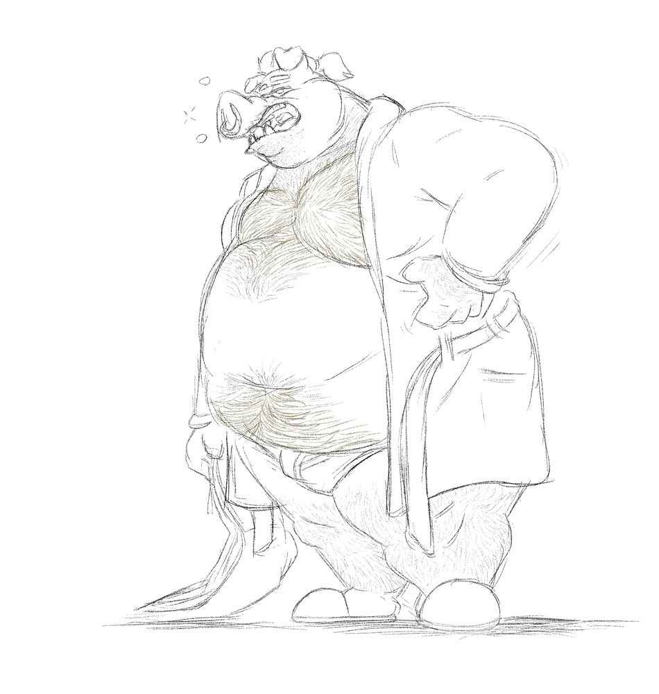 A fat hairy hog is standing with a bleary and fatigued expression on his face. He's clearly just gotten out of bed, and he's thrown on a robe and slippers, as he gets ready for a lazy day in. 

In one hand, he holds a newspaper which is open and dragging on the ground, while the other hand is idly scratching his side. 

He's wearing a pair of slippers, tighty-whities, and a robe that's hanging open and untied. He has a nose-ring, slightly long hair tied into a ponytail, tusks, and floppy ears. 

Bubbles are floating by his face, and he's in mid-yawn signifying that he's still trying to get the last bits of sleep from his eyes.