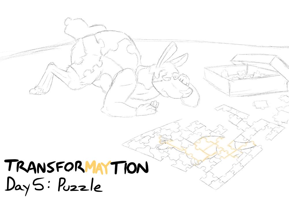 A man is putting together a puzzle with a kangaroo on it. 
Each piece containing the kangaroo, is emitting a yellow glow, and his body has slowly begun to transform into the found pieces, with his face, middle, hands, feet, and half of his tail morphing to match the puzzle; piece shapes and all.