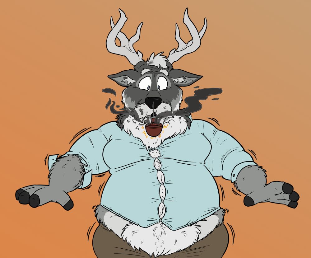 A gray deer is smoking a pipe which is emitting some strange magical sparks. The pipe seems to be causing a surprising change to the deer, causing his body to swell with a thick middle-aged build that is causing his button up shirt to strain within an inch of its life. The buttons are threatening to pop at any moment, as his paunch grows to truly hefty proportions. Gray body hair, and a thick white mustache are spreading over his middle and his face as he looks down in surprise at the sudden expansion and age progression that has overtaken his body. 