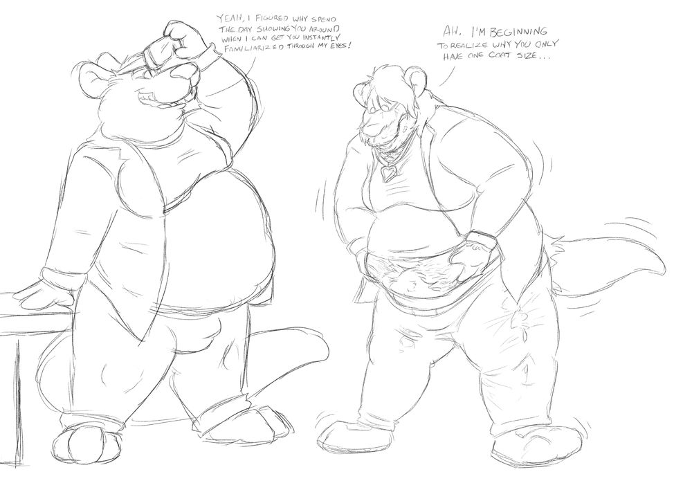 Madison is putting on his goggles and leaning against a table as he looks over Nova's changing form with a grin.
Madison is saying: "Yeah, I figured why spend the day showing you around when I can get you instantly familiarized through my eyes?"

Nova is leaning forward and hefting their growing belly in surprise as their ratty features spread and burst from their outfit.
Nova is saying:
"Ah. I'm beginning to realize why you only have one coat size..."