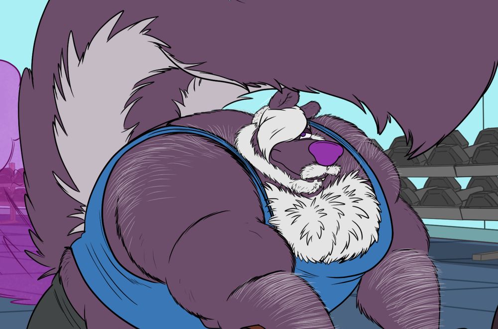 A muscular and slightly chubby skunk with purple fur, white fur, beard, stripes, and body hair named Oakley is hunched over and looking behind him as a fuchsia cloud spreads from beneath his tail. 

He's wearing a blue tank and black shorts, and he's looking with a sly smirk in the direction that the spray is aimed at.