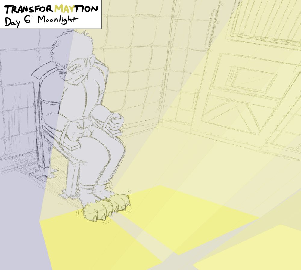 A man is strapped to a chair inside a dark and empty padded room with a heavy metal door. The door has multiple locks, bars on the window, and a slot for food and communication with the people helping with his restraint.

The light of the full moon is shining through the window in a bright yellow glow, and has begun to reach his feet. 
His toes have immediately transformed into paws, and it looks like the rest of his body is going to follow suit. 

He braces himself as the moon starts to work its magic.
