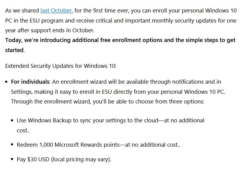 Microsoft hat angekündigt, dass auch Privatkunden die Versorgung mit Sicher­heits­updates um ein Jahr werden verlängern können (Extended Security Updates, kurz ESU). Der Screenshot zeigt einen Textausschnitt, der per Link in diesem Beitrag auch erreichbar ist.