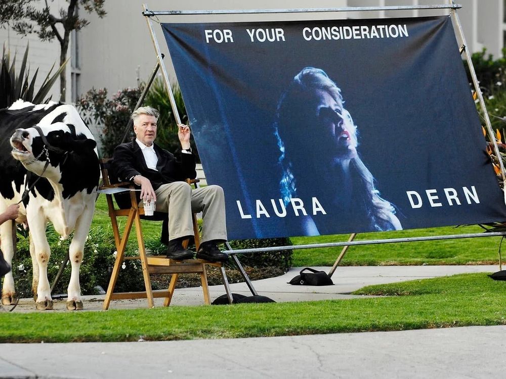 David Lynch som sitter på en stol og røyker, med en ku til venstre for ham og en stor plakat av Laura Dern, som det står "For your consideration: Laura Dern" på, til høyre.