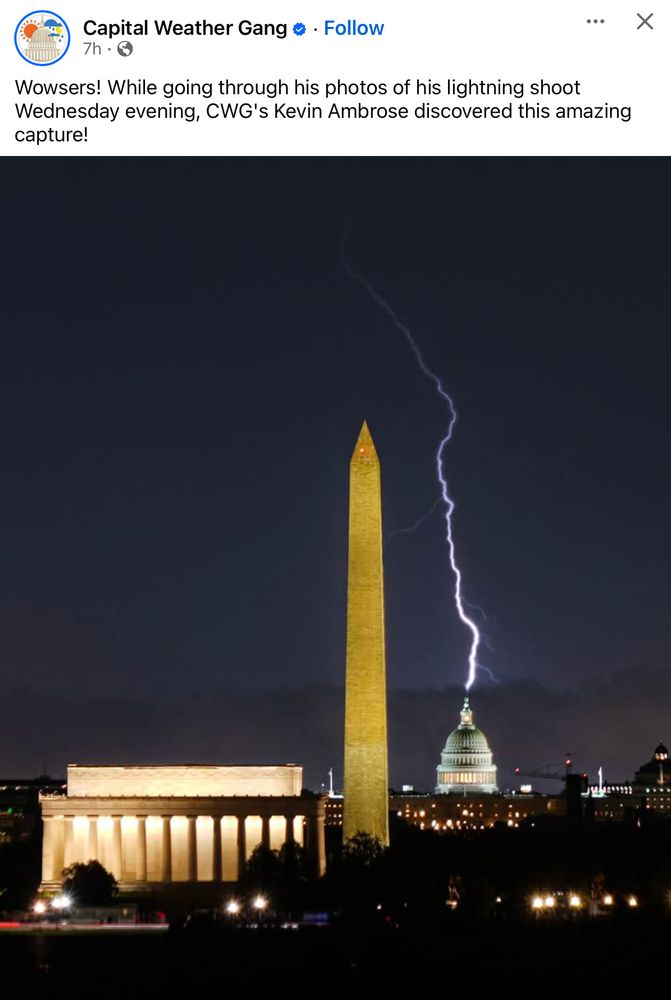 Screenshot of a Capital Weather Gang post featuring a photo of the moment a bolt of lightening hits the top of the US Capitol Building at night.