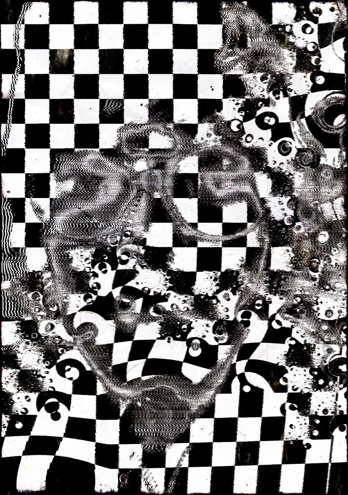 A black and white digital image featuring a warped checkerboard that seems to be getting warped by a series of high frequency lines that ressemble a face and lots of alien shapes