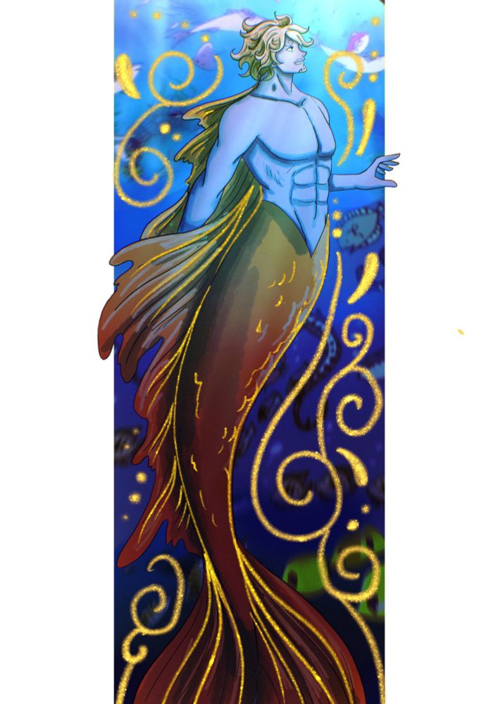 Sanji as a merman surrounded by his all blue. Background is from anime, and gold swirls overlay in decoration