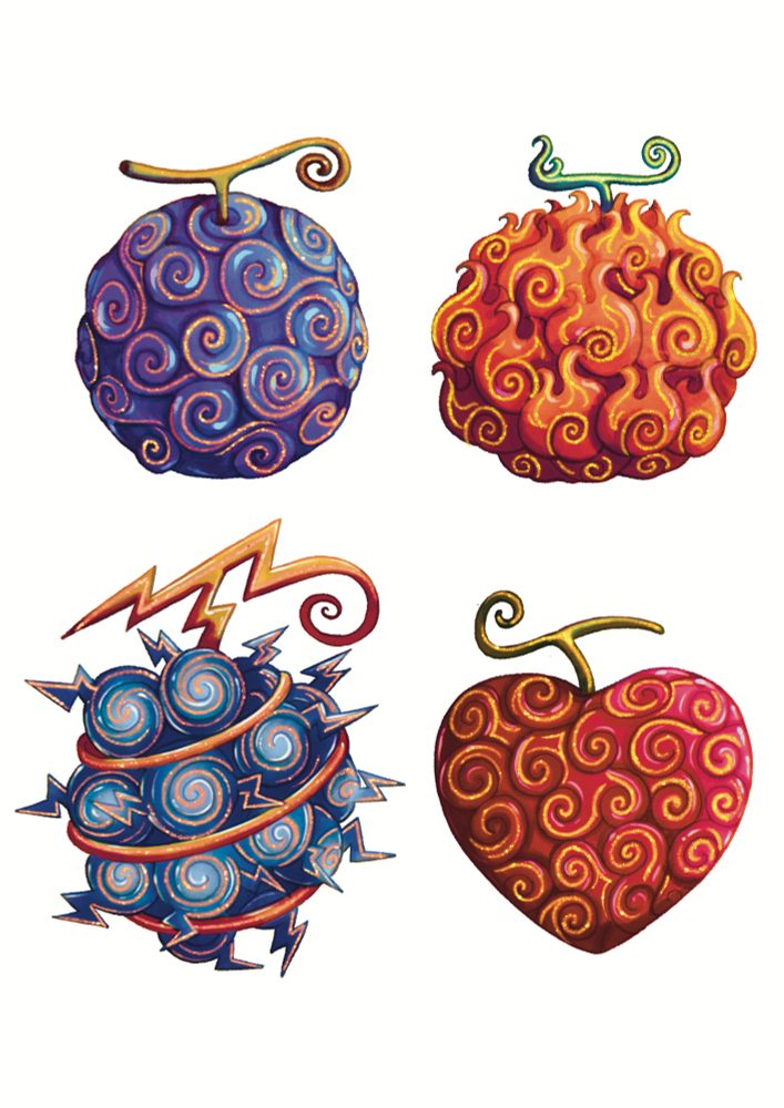 Four bright and vibrant Devil Fruits, all different colors and all accented with sparkling gold swirls